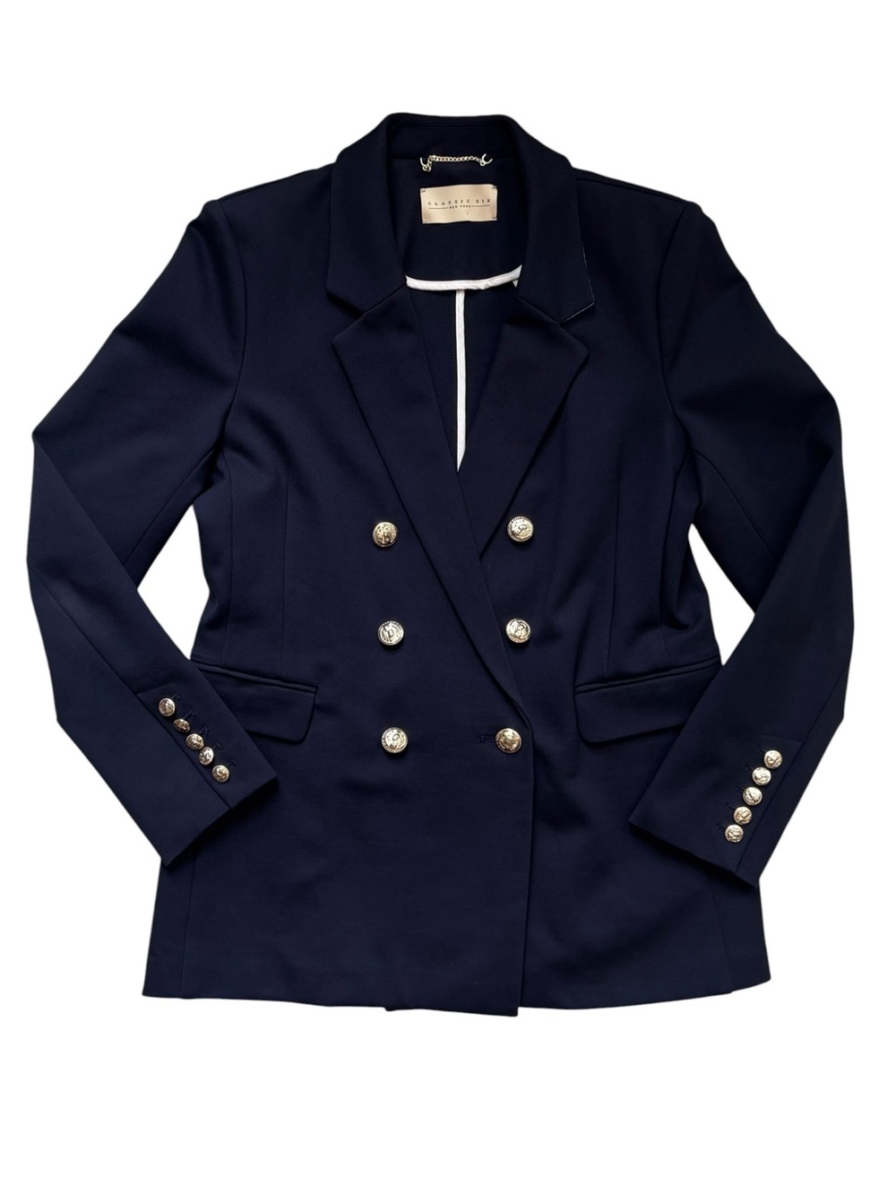 Classic Six New York Katherine Navy Blue Double-Breasted Blazer Jacket Gold 8